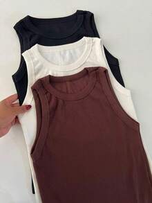 Women's Plain Basic Ribbed Cotton Tank Top, American Style, Summer Blogger Style, Cotton - PLAIN BLACK - View 2