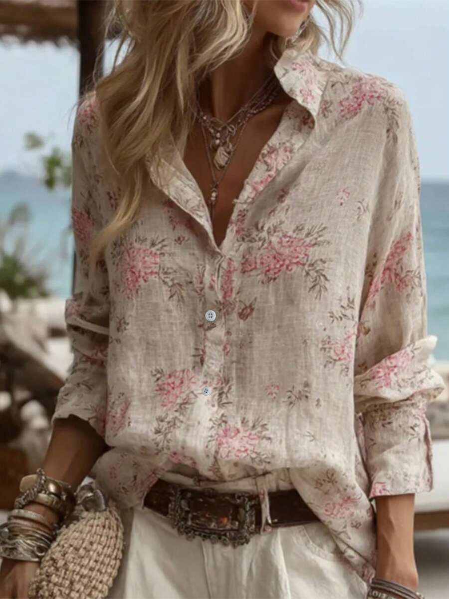 女士亚麻印花纽扣衬衫，宽松长袖翻领上衣，休闲波西米亚风假日装扮