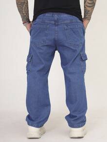 Men's Marbled Cargo Jeans, Wide Leg, Side Pocket, Streetwear - 中等水洗藍 - 查看 8