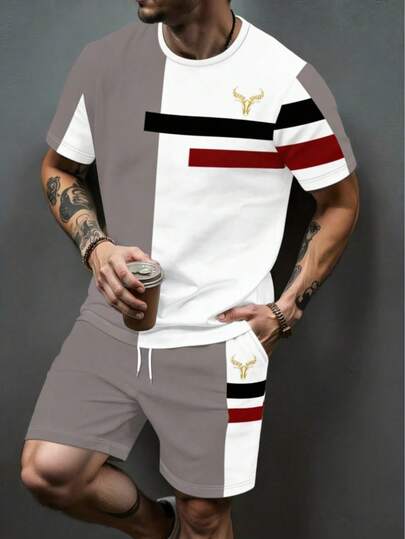 Men's Color Block Bull Print 2 Pieces Tracksuit