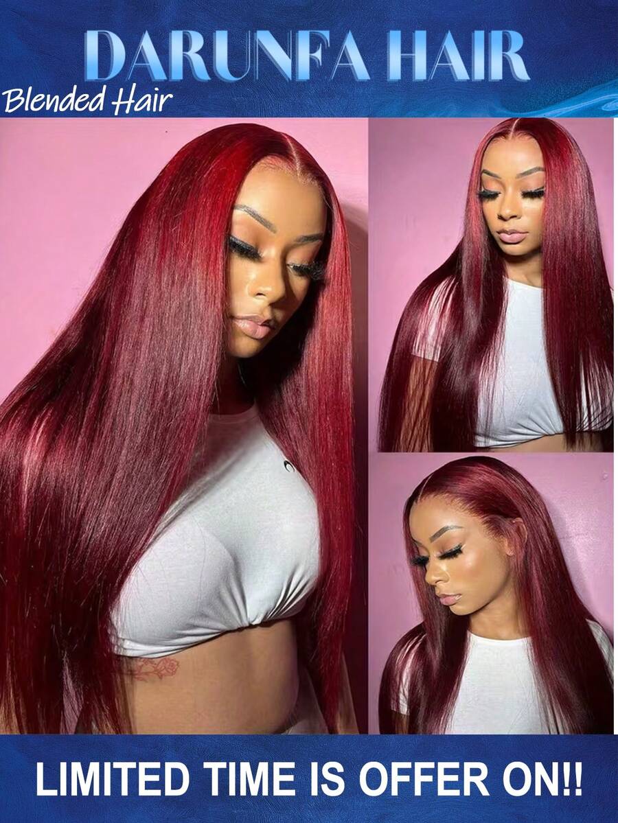 200% Density Burgundy 99J #99J Straight 13*4 Transparent Ear To Ear Lace Front Hair Wig Pre Plucked Pre Bleached Wig Blended Wigs- For Women Natural Hairline With Baby Hair 99J# - SBUG - View 1