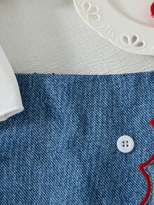 2pcs/Set Girls' Casual Solid Color Short Sleeve Top With Patch Decor Princess Sleeve And Shorts, Spring/Summer - White - View 7