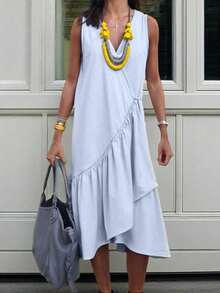 Women's V-Neck Ruffle Hem Mid-Length Dress - Asymmetric Sleeveless Casual Vacation Dress, Beach & Street Style Summer Elegant - Light Grey - View 7