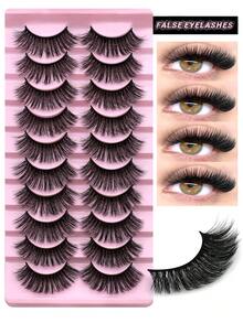 GROINNEYA 10对装蓬松俄罗斯3D水貂毛假睫毛，纤长浓密，打造猫眼妆效，奢华丰盈，整条式设计，自然柔软，打造最美妆容，旅行必备化妆工具 - 俄羅斯條狀假睫毛 - 查看 10