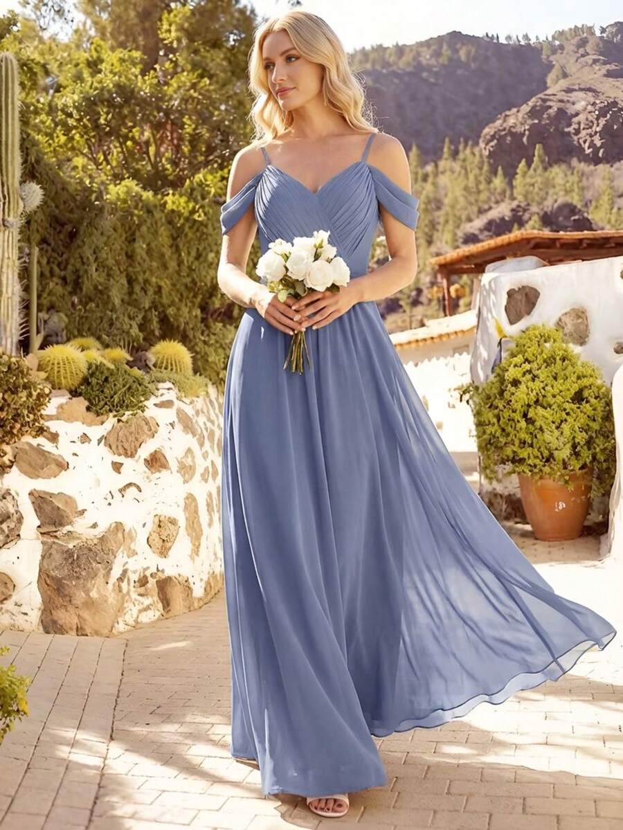 Elegant Solid Color V-Neck Ruched Lace Bridesmaid Dress In Grayish Blue, Suitable For Weddings, Birthdays, Formal Occasions And Parties Spring