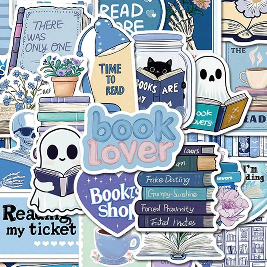 50pcs Blue Bookish Graffiti Stickers Decorative Water Cups Notebook Luggage Waterproof Stickers - D - 查看 1