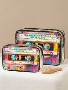 New Retro Cassette Tape Pattern PVC Cosmetic Bag, Theme "You Only Live Once, Can't Redo", Zipper PVC Travel Organizer Bag, Lightweight Fade-Resistant Makeup And Toiletry Pouch, Women/Girls Portable Makeup Case, Easy-To-Wipe Design, Technological Organizer | Modern Aesthetics | Fade-Resistant Material, Travel Essentials, Vacation Summer Back To School Supplies Bag, Waterproof Travel Toiletry Bag - Multicolor - View 7