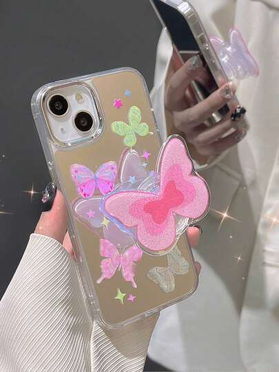 INS Cute Glitter Butterfly Inflatable Phone Holder, Foldable Extendable Adhesive Bubble Phone Stand, Glitter Butterfly Stand, Mirror Phone Case, TPU Material, Reserved Lanyard Hole