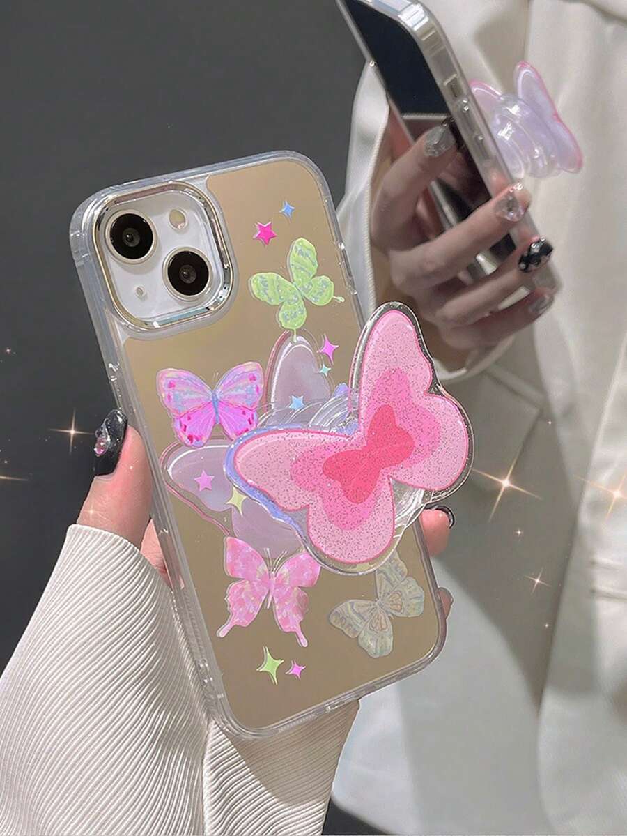 INS Cute Glitter Butterfly Inflatable Phone Holder, Foldable Extendable Adhesive Bubble Phone Stand, Glitter Butterfly Stand, Mirror Phone Case, TPU Material, Reserved Lanyard Hole - Multicolor - View 1