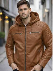 Premium Men's Lined Leather Jacket - Camel - View 1