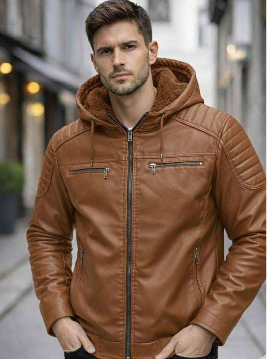 Premium Men's Lined Leather Jacket - Camel - View 1