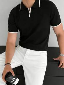 GRDR Men's Striped Casual Fashionable Versatile Knit Short Sleeve T-Shirt - Black - View 2