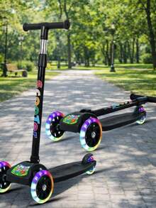 Scooter de 3 ruedas con altura ajustable, Patineta de empuje plegable con ruedas iluminadas, freno de pie en la rueda trasera - Rojo - Ver 4