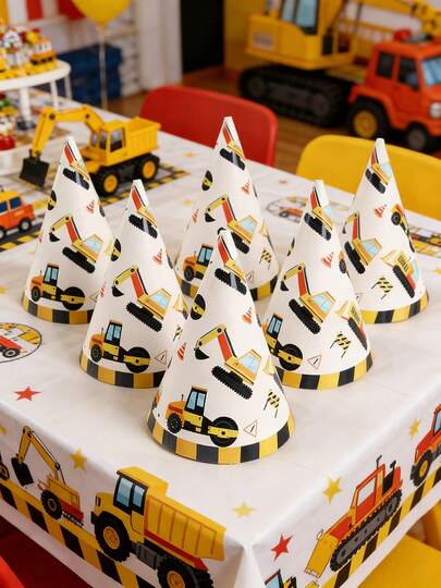 6顶工程车图案纸质派对帽，黄色工程车主题生日派对帽，工程主题男孩生日派对装饰，生日快乐派对帽，节日庆典派对头饰，婴儿派对装饰，生日派对庆祝帽，派对装饰，生日派对拍照道具，生日装饰，生日礼物，派对用品