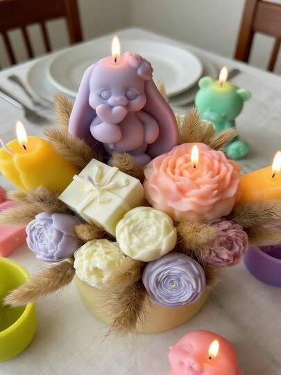 1件装3D花束（牡丹/玫瑰/郁金香）和兔子蜡烛模具，可重复使用的硅胶模具，适用于蜡烛/树脂/石膏/肥皂，适合情人节、母亲节、婚礼、复活节、返校季、家居装饰、插花、礼品