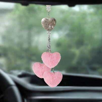 1pc Shiny Pink Heart Shaped Car Rearview Mirror Pendant, Gift For Women, Diamond Decor Crystal Plush Heart Car Accessory