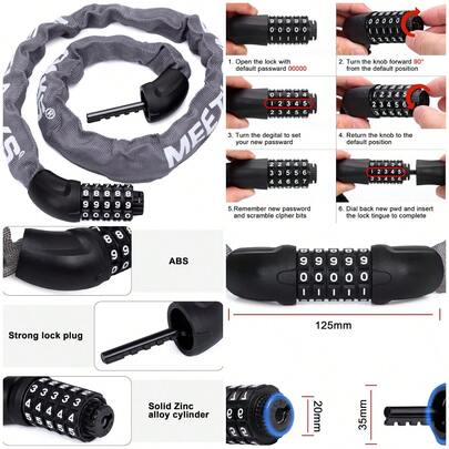 Cerradura de cadena para bicicleta, combinación de 5 dígitos de 3.3 pies, bloqueo antirrobo, resistente y reajustable sin llave