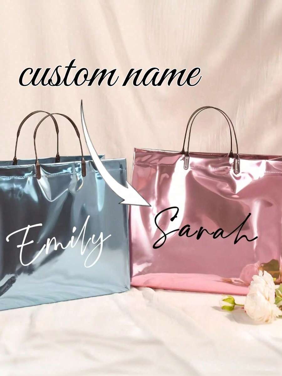 Personalized Rainbow Gradient Glitter Gift Bag, Customizable Name Text, Multi-Color Shiny, Suitable For Valentine's Day, Wedding, Birthday, Party, Durable Plastic Tote Bag With Name Tag - Multicolor - View 1