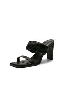 Women Chunky High Heel Mule Sandals Braided Open Toe Two Strap Slip On Heels For Casual Party Summer Spring Wearing - 黑色 - 查看 1