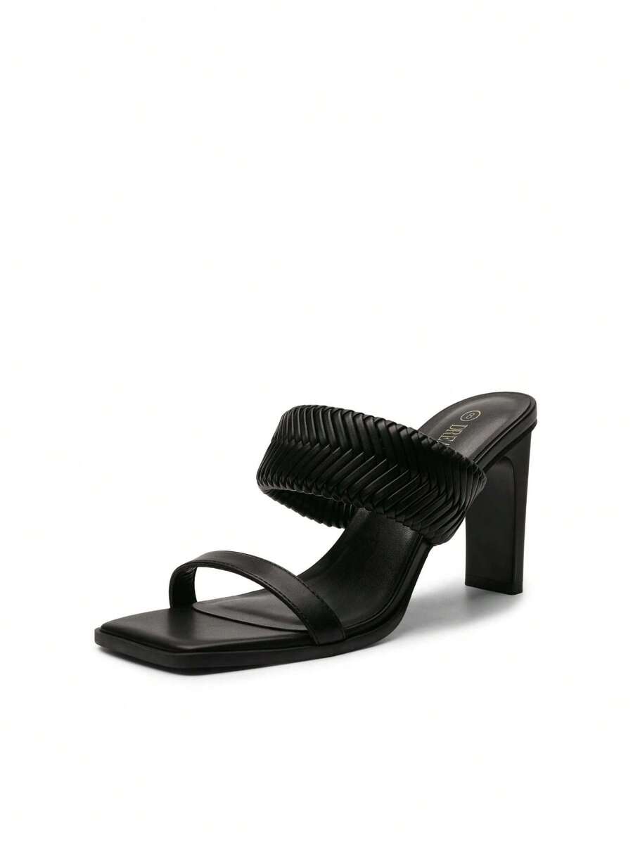 Women Chunky High Heel Mule Sandals Braided Open Toe Two Strap Slip On Heels For Casual Party Summer Spring Wearing - 黑色 - 查看 1
