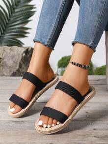 Sandalias de verano para mujer con suela tejida de paja, estilo ligero de vacaciones, sandalias planas suaves y cómodas a rayas beige - Negro - Ver 2