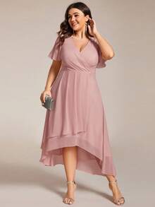 EVERPRETTY Plus Size Elegant Chiffon V-Neck Ruched Front Bridesmaid Dress, Soft High-Low Ruffle Hem Pink Formal Gown Suitable For Wedding Guests, Formal Dinner - Dusty Pink - View 4
