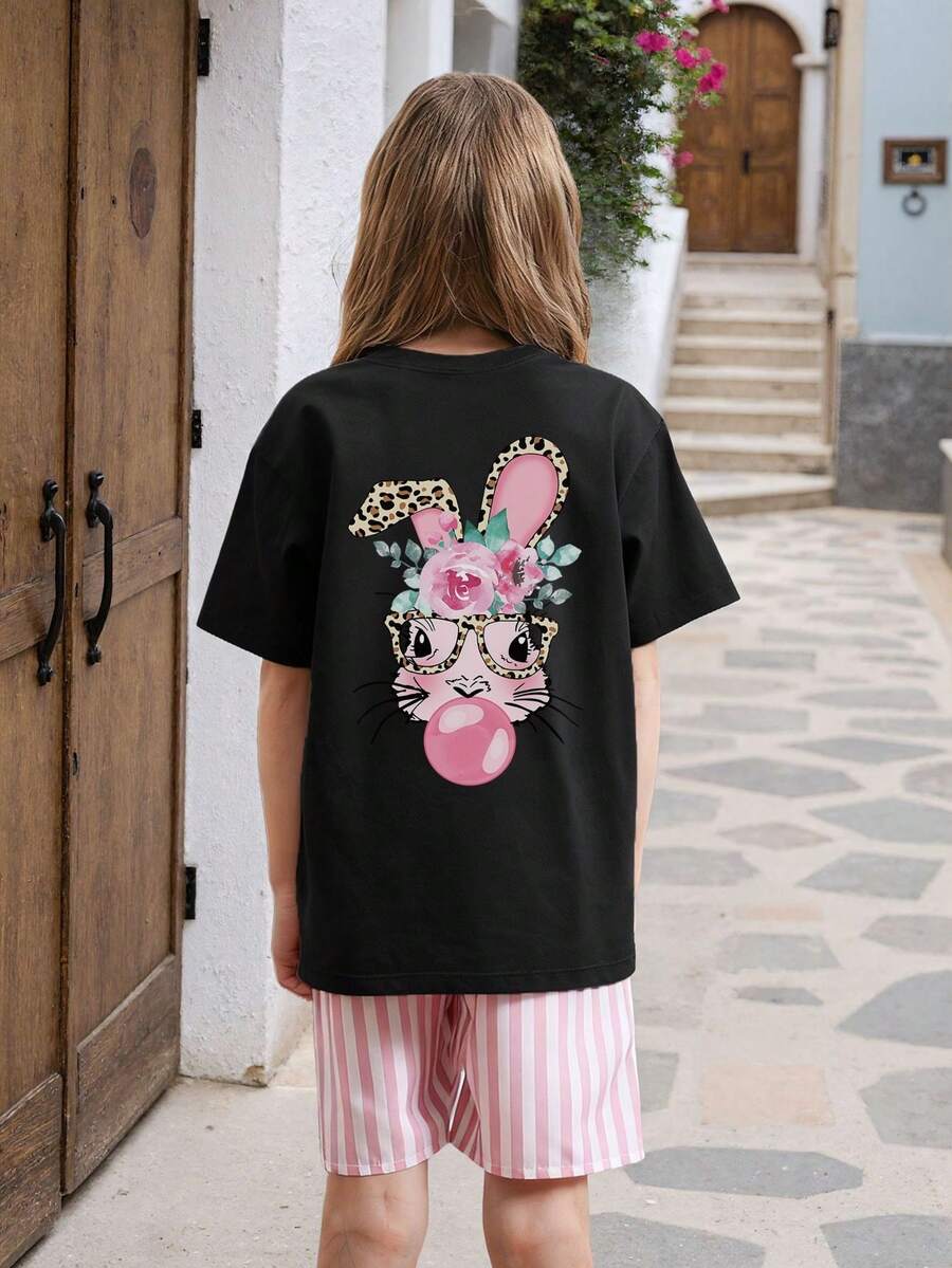 1pc Girls' Floral Print Short Sleeve T-Shirt, Student & Teen Comfortable And Fashionable Summer Top - Black - View 1
