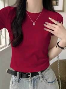 Camiseta básica y versátil de manga corta con cuello redondo, estilo de calle minimalista rojo, casual y para ir al trabajo, personalizada con estilo Y2K, para primavera/verano - Rojo - Ver 1