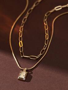 Unique Round Snake Bone Chain And Square Paperclip Chain Set, With Sparkling Cubic Zirconia Pendant Necklace - Yellow Gold - View 6