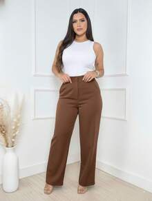 Women's Tailored Trousers, High-Waisted Wide Leg, Elegant Formal Style - Dark Brown - View 3