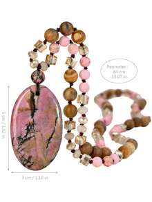 Bohemian Handmade Knotted Natural Stone Long Necklace, Vintage Oval Sodalite & Rhodonite Pendant Necklace, Retro Couple Necklace - Multicolor - View 11