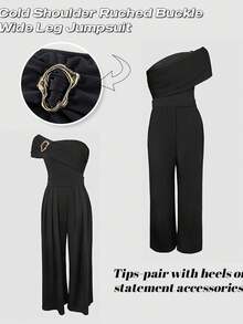 Bộ jumpsuit nữ lệch vai, xếp ly, cài khóa, ống rộng, thanh lịch, thích hợp cho tiệc cocktail và hẹn hò. - màu đen - Xem 7