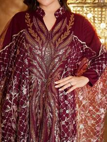 UNITHORSE Women V-Neck Long Sleeve Belted Sequin Mesh Dress - Burgundy - View 6