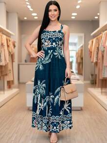 Women's Long Dress In Printed Viscose Linen With Tie Straps And Elastic Waistband - 藍色 - 查看 2