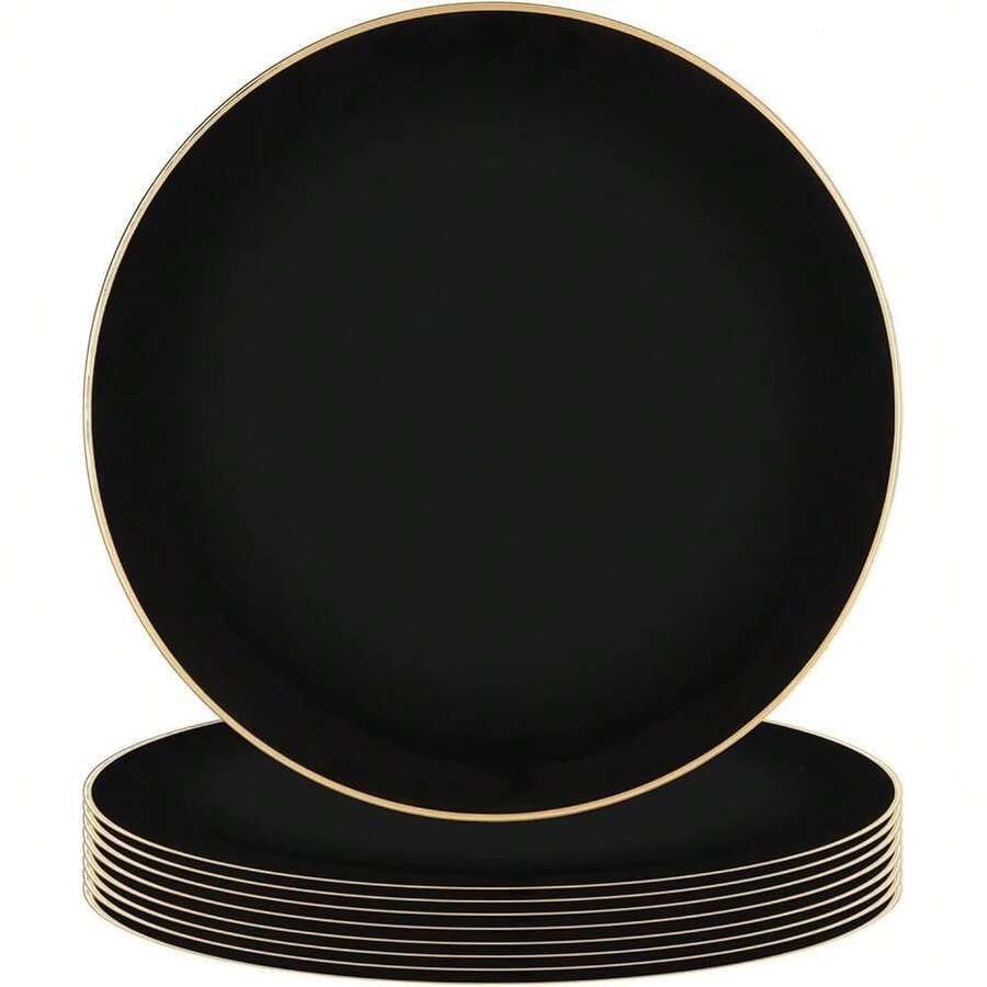 PARTY BARGAINS 13-Inch Charger Plates - 8 Pack, Organic Collection Black Gold Rim, Heavy-Duty Disposable Chargers For Elegant Dining - Ideal For Weddings And Formal Events - 錘紋黑金邊 - 查看 1