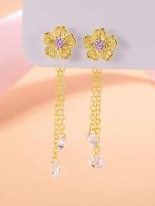 1 Par de Brincos Longos com Borla Floral Fofa e Doce em Prata Esterlina S925, Brincos Florais Delicados e Femininos para Uso Diário - flores - Visão 12