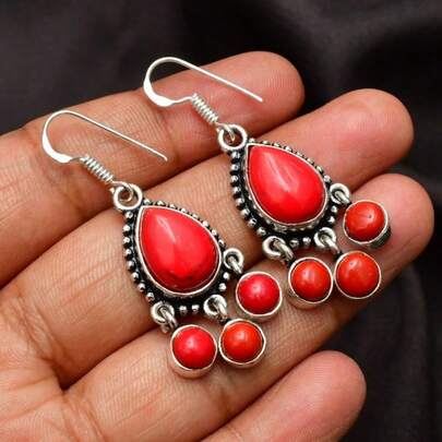 复古铜色合成绿松石银耳环，红色耳环，波西米亚风手工耳环，送她的礼物，日常佩戴饰品