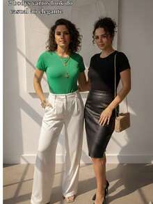 Set Of 2 Women's Short-Sleeved Elegant Bodysuits In Supplex Fabric. Stylish Casual Look, Comfortable Bodysuit, Basic And Stylish Fashion. Simple, Casual, Knit Fabric. - 綠色黑色 - 查看 5