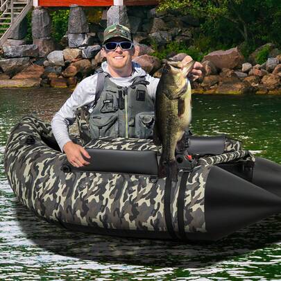 COSTWAY Inflatable Fishing Float Tube, Portable Fishing Boat W/ Adjustable Shoulder Straps, Manual Pump, Paddle, Flippers, Fishing Rod Holder, Fish Ruler, Storage, 350 LBS Load Capacity Adult Belly Boat,Camouflage