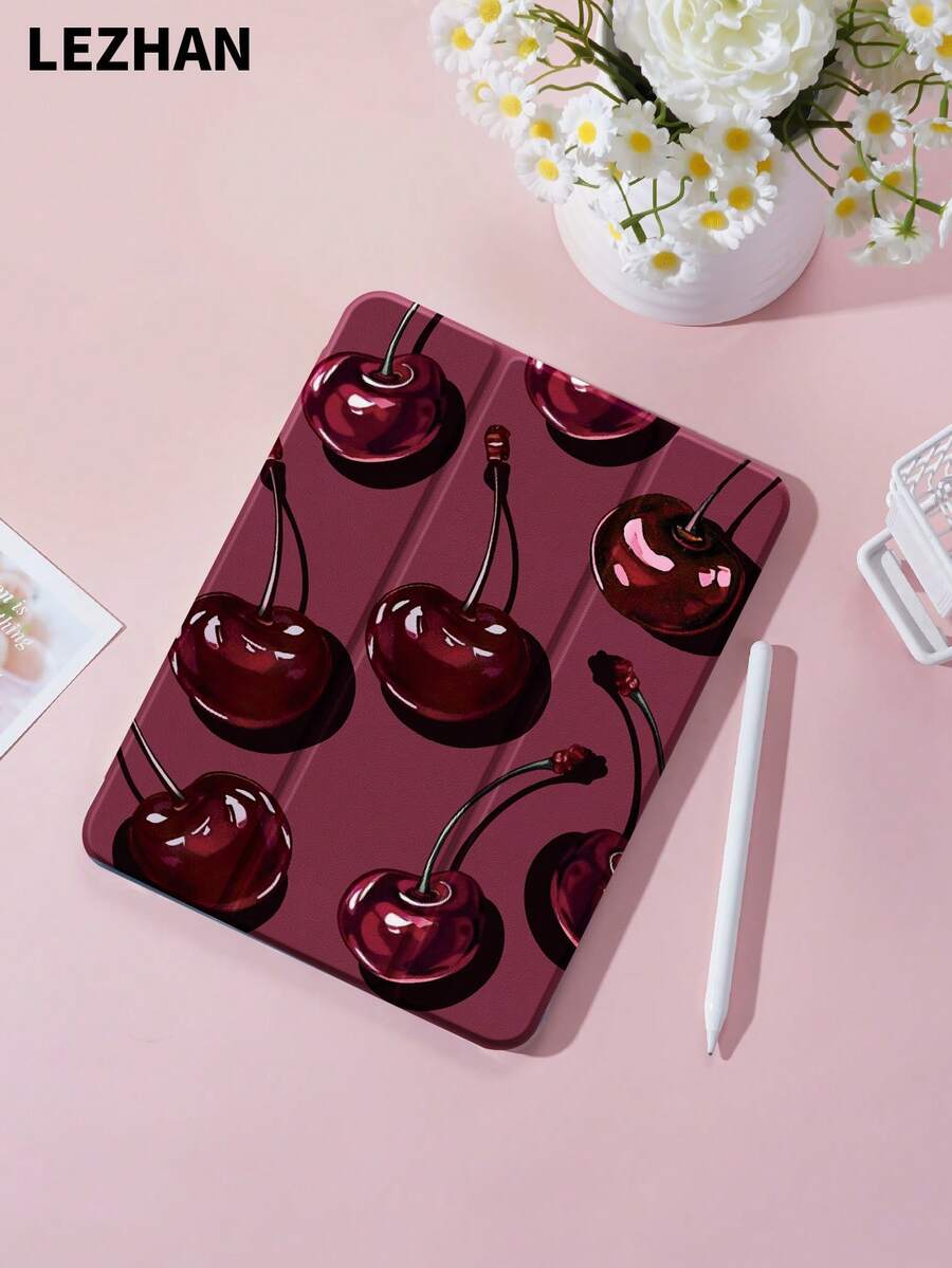 1pc Red Cherry Pattern Tablet Protective Case With Pencil Slot, Shockproof, Tri-Fold Tablet Stand Protective Shell, Compatible With 10.2", Pro 11" 2021/2020/10th Gen, (A16) 11" 11th Gen 2025, 8th/9th/10th Gen, Galaxy Tab A8 10.5" 2022, Matepad 10.4"/Tab, Support Sleep/Wake, Romantic Personalized Gift - Multicolor - View 1