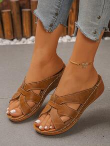 大码 36-45 码夏季时尚休闲露趾厚底凉鞋，粉色哑光、黑色、蓝色、棕色、金色罗马风格，轻便舒适的坡跟凉鞋，女士款 - 褐色磨砂 - 查看 3