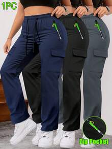 Women's Spring/Autumn Zipper Pocket Cargo Pants, Fashionable Large Pocket Design, Drawstring Elastic Waist, Casual Outdoor/Daily Wear Slim Fit Trousers - 藍色 - 查看 1