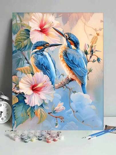 1pc 2D Flat Blue Kingfisher And Hibiscus Flower DIY Digital Oil Painting, Canvas Art, DIY Craft, Adult Home Decor Gift, 40x50cm/16x20 Inches, Nature Bird And Floral Art