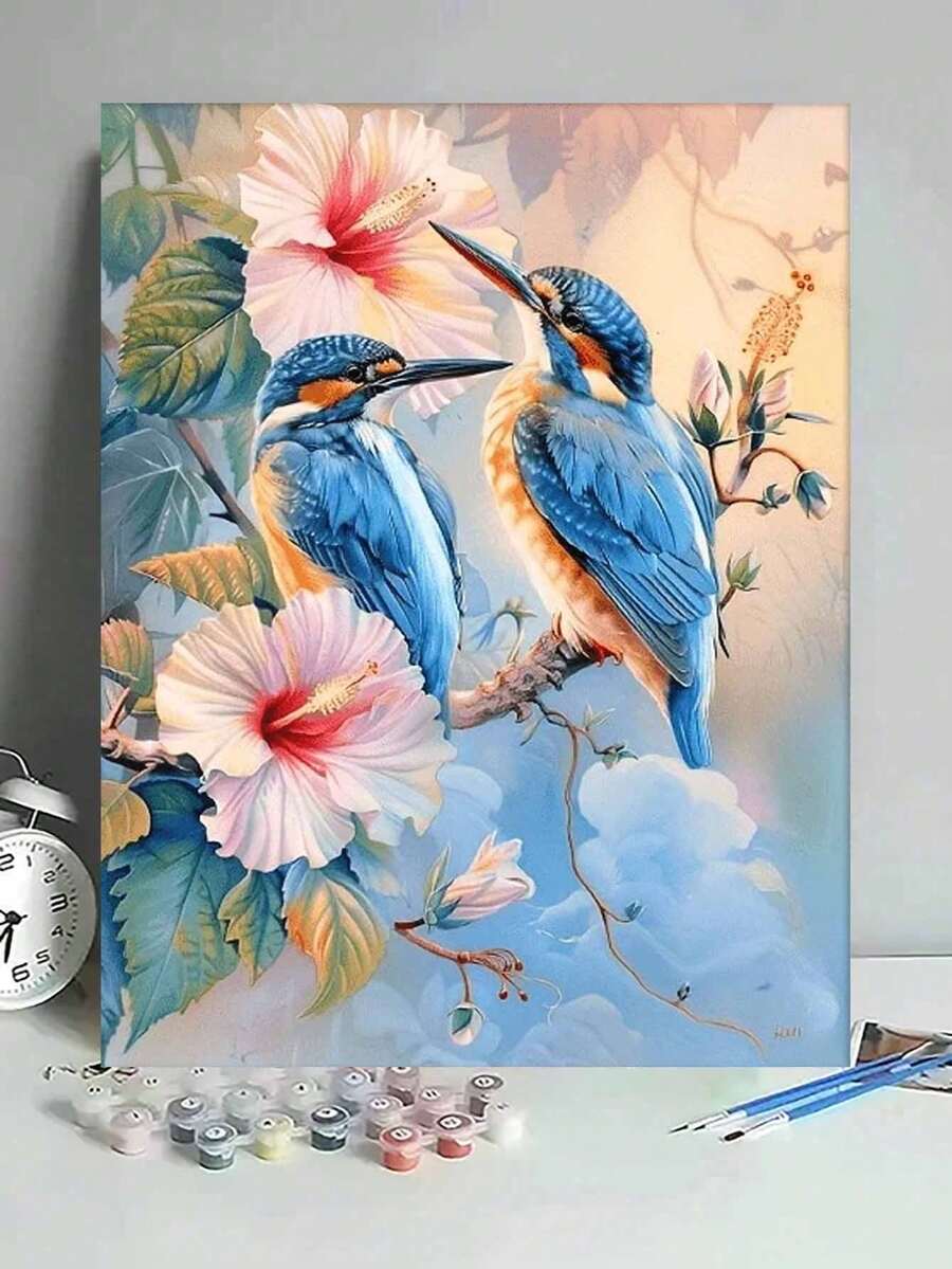 1幅2D平面蓝色翠鸟与芙蓉花DIY数字油画，帆布画，DIY工艺品，成人家居装饰礼品，40x50厘米/16x20英寸，自然鸟类和花卉艺术 - 套裝 - 查看 1