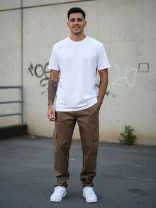 Men's Light Brown Cargo Pants With Drawstring Waist And Slight Stretch, Unisex Long, Loose-Fitting Casual Streetwear Skate Pants. - Màu nâu  Mocha - Xem 5