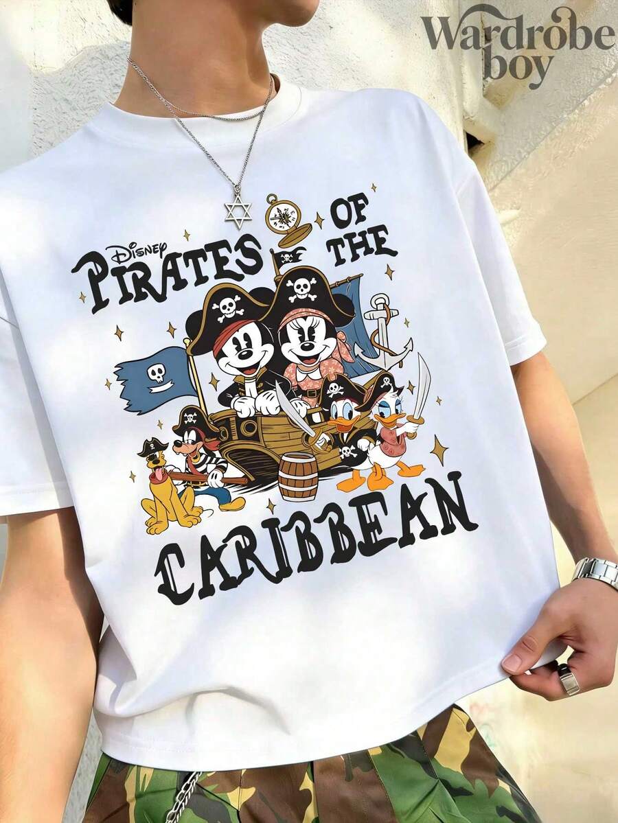 Disney Printed T-Shirt,Men's  Disney World Mickey Pirate Shirt, Mickey Pirate Shirt, Mickey Caribbean Shirt, Disneyland Pirate T-Shirt,Unisex,High-Quality Pure Cotton T-Shirt,Suitable For All Seasons, Comfortable And Breathable| Exquisite Design | The Best Choice For Giving Gifts - 白色 - 查看 1