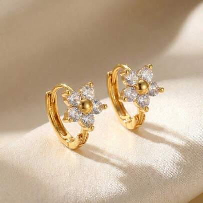 1pair Small And Exquisite Gold Copper With Zirconia Small Flower Decorative Earrings For Girls Earrings Party Decoration Accessories Jewelry Accessories Gifts And Souvenirs