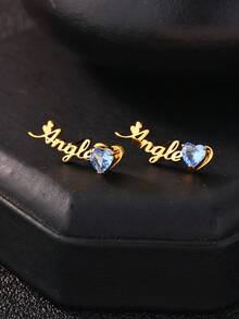 Custom Name Earrings Inlaid Heart-Shaped Birthstone 18K Gold Plated Personized Stainless Steel Stud Earrings Women's Minimalist Valentine's Day Customized Jewelry Gift Daily Wear - Multicolor - View 7