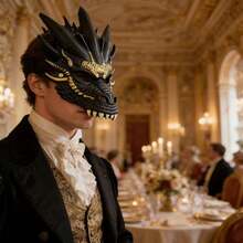 Trending Atmosphere: Halloween Black Gold Dragon Mask, Majestic Dragon Head Mask, Escape Room Party Prop, Cosplay Accessory, Luxurious Full Face Mask, PU Material Dragon Mask - Multicolor - View 4