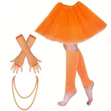 Conjunto de 4 piezas de estilo de los 80 para mujer, que incluye falda abullonada, guantes neón y collar, adecuado para celebraciones retro de los 80 - Multicolor - Ver 3